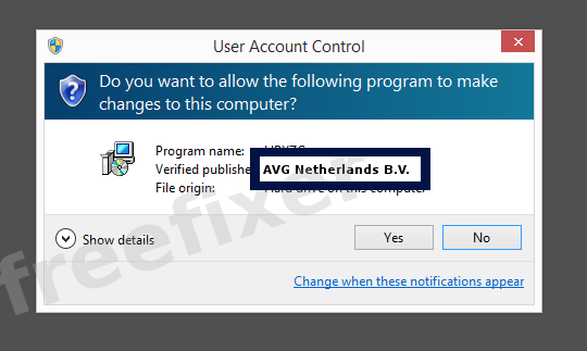 Screenshot where AVG Netherlands B.V. appears as the verified publisher in the UAC dialog